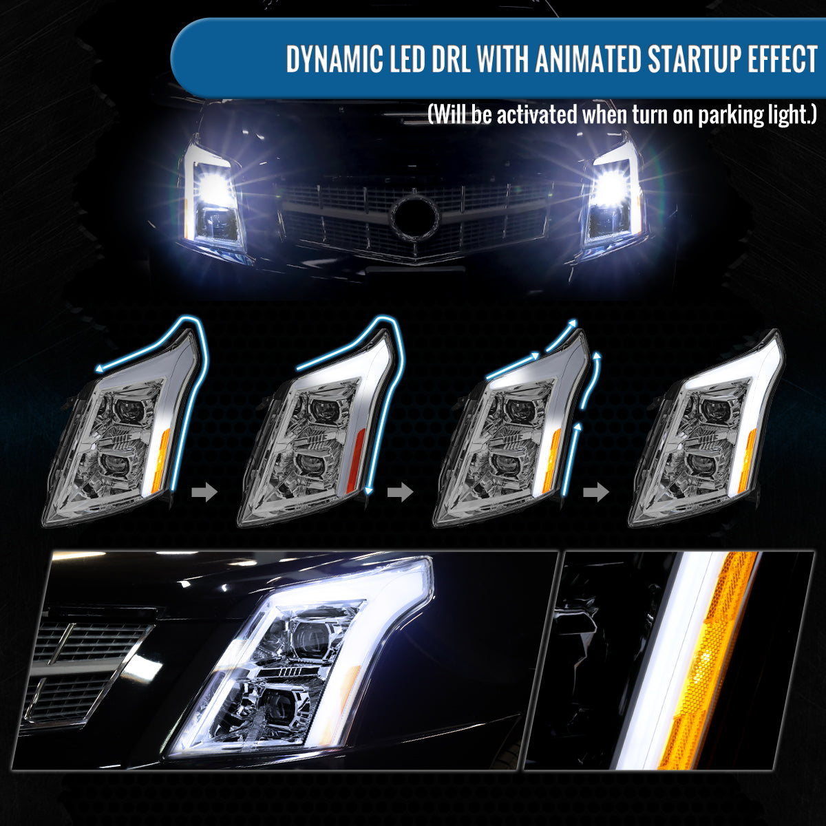 Ronnin - Fits 2010-2016 Cadillac SRX Upgrade For Halogen Type Full LED Dual Projector Headlights Switchback Sequential Turn Signals + Animated Startup Effect Pair | Chrome