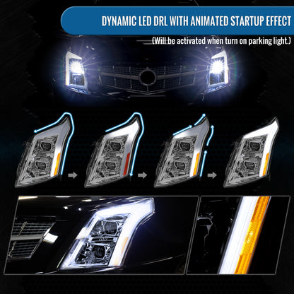 Ronnin - Fits 2010-2016 Cadillac SRX Upgrade For Halogen Type Full LED Dual Projector Headlights Switchback Sequential Turn Signals + Animated Startup Effect Pair | Chrome