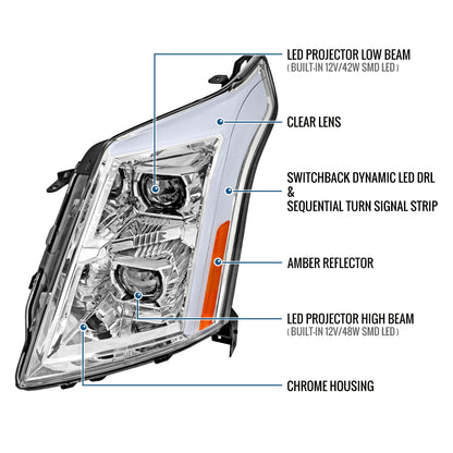 Ronnin - Fits 2010-2016 Cadillac SRX Upgrade For Halogen Type Full LED Dual Projector Headlights Switchback Sequential Turn Signals + Animated Startup Effect Pair | Chrome