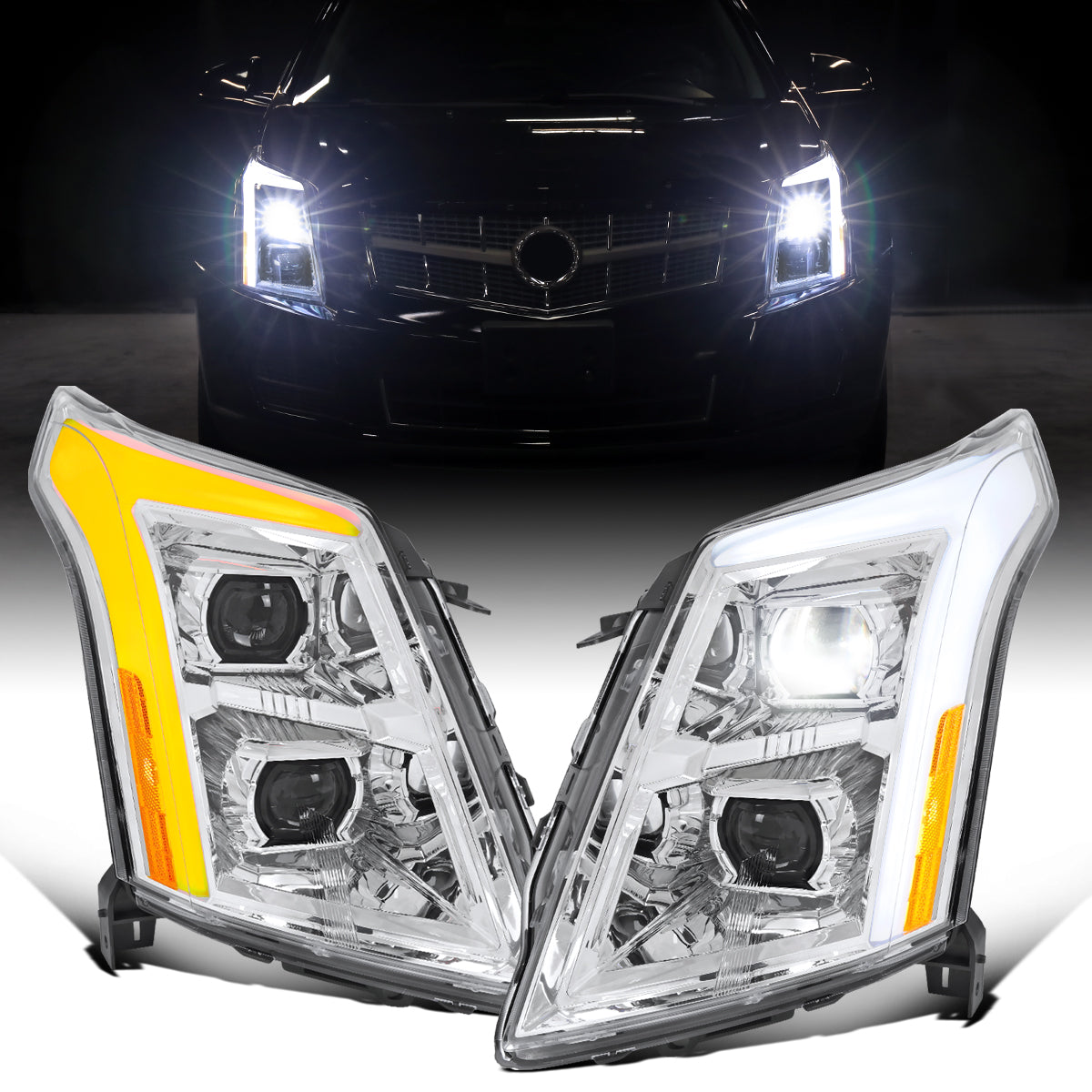 Ronnin - Fits 2010-2016 Cadillac SRX Upgrade For Halogen Type Full LED Dual Projector Headlights Switchback Sequential Turn Signals + Animated Startup Effect Pair | Chrome