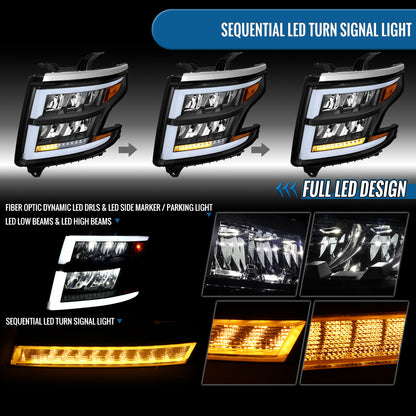 Ronnin - Fits 2015-2020 Chevy Tahoe Suburban Full LED DRL Headlights Switchback Sequential Turn Signal + Animated Startup Effect Assembly Pair | Black