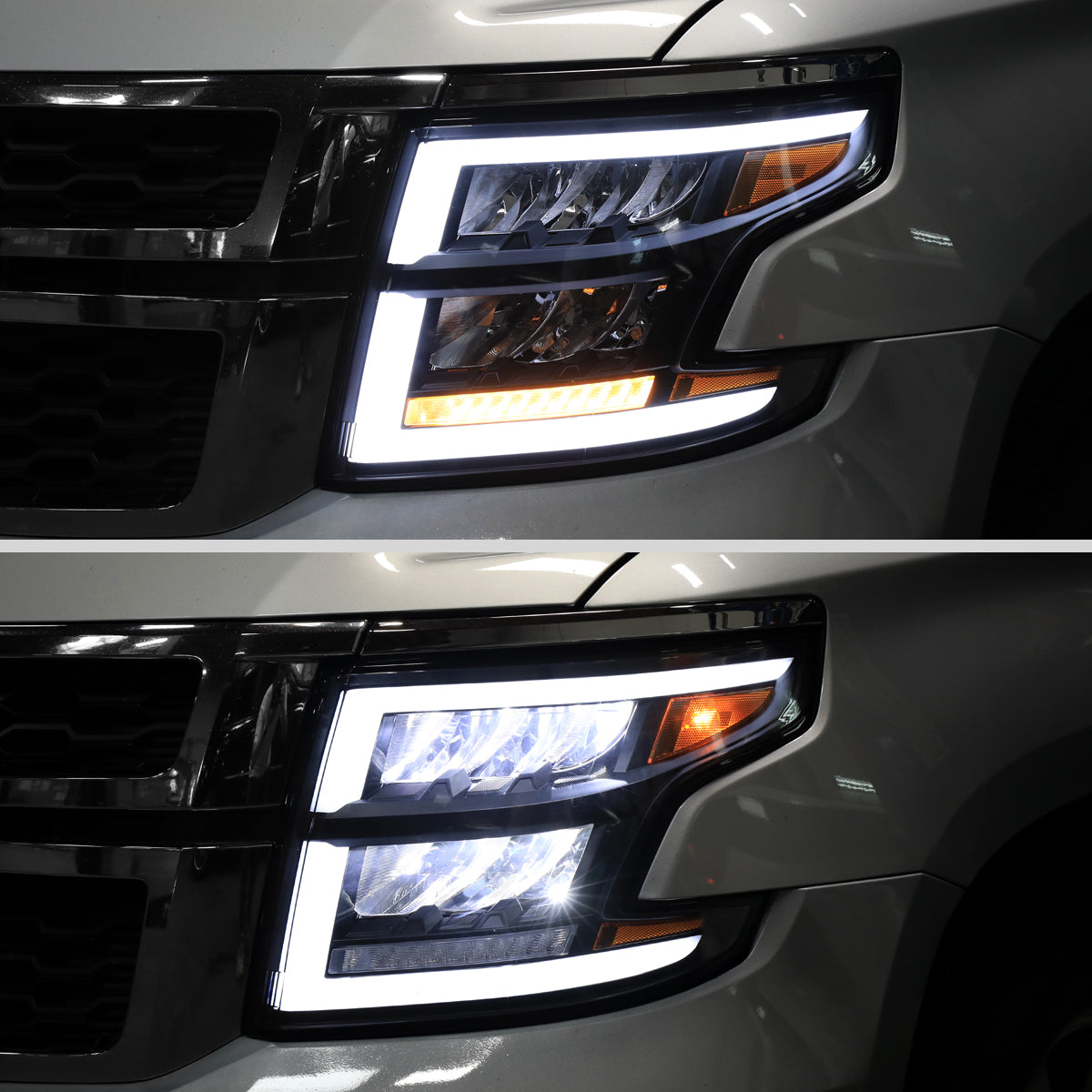 Ronnin - Fits 2015-2020 Chevy Tahoe Suburban Full LED DRL Headlights Switchback Sequential Turn Signal + Animated Startup Effect Assembly Pair | Black