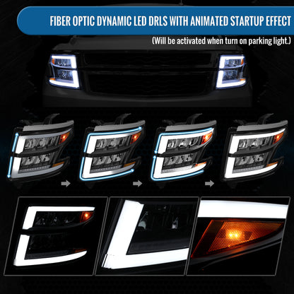 Ronnin - Fits 2015-2020 Chevy Tahoe Suburban Full LED DRL Headlights Switchback Sequential Turn Signal + Animated Startup Effect Assembly Pair | Black