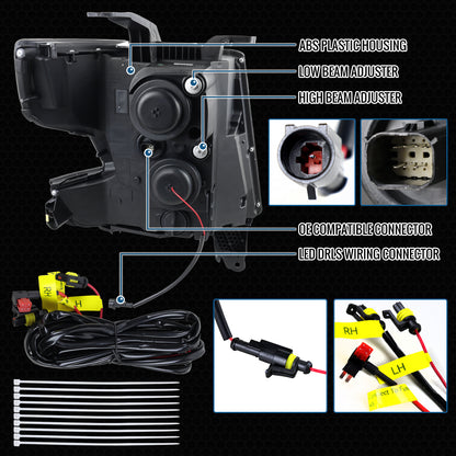 Ronnin - Fits 2015-2020 Chevy Tahoe Suburban Full LED DRL Headlights Switchback Sequential Turn Signal + Animated Startup Effect Assembly Pair | Black