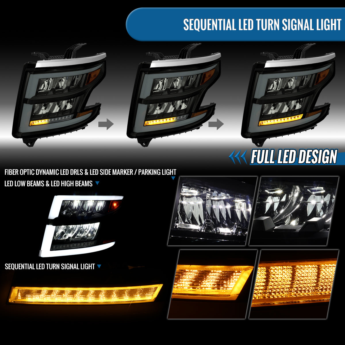 Ronnin - Fits 2015-2020 Chevy Tahoe Suburban Full LED DRL Headlights Switchback Sequential Turn Signal + Animated Startup Effect Assembly Pair | Black Smoke