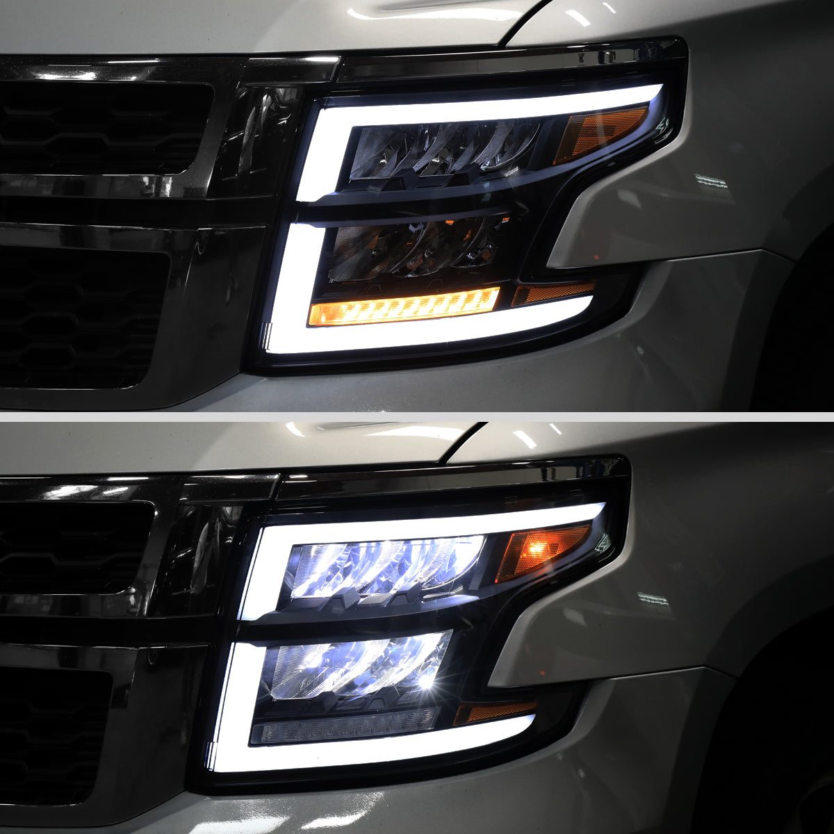 Ronnin - Fits 2015-2020 Chevy Tahoe Suburban Full LED DRL Headlights Switchback Sequential Turn Signal + Animated Startup Effect Assembly Pair | Black Smoke