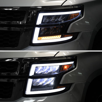 Ronnin - Fits 2015-2020 Chevy Tahoe Suburban Full LED DRL Headlights Switchback Sequential Turn Signal + Animated Startup Effect Assembly Pair | Black Smoke