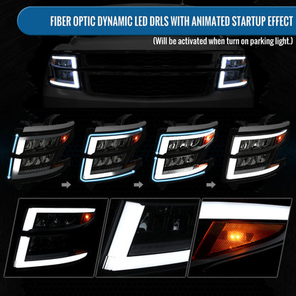 Ronnin - Fits 2015-2020 Chevy Tahoe Suburban Full LED DRL Headlights Switchback Sequential Turn Signal + Animated Startup Effect Assembly Pair | Black Smoke