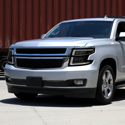 Ronnin - Fits 2015-2020 Chevy Tahoe Suburban Full LED DRL Headlights Switchback Sequential Turn Signal + Animated Startup Effect Assembly Pair | Black Smoke