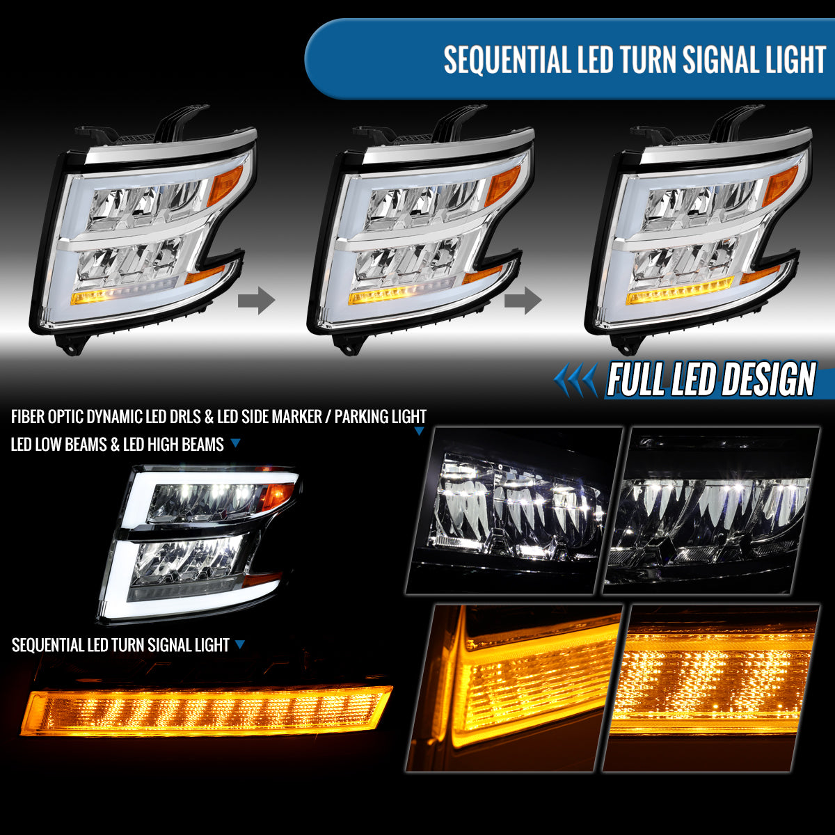 Ronnin - Fits 2015-2020 Chevy Tahoe Suburban Full LED DRL Headlights Switchback Sequential Turn Signal + Animated Startup Effect Assembly Pair | Chrome