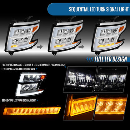 Ronnin - Fits 2015-2020 Chevy Tahoe Suburban Full LED DRL Headlights Switchback Sequential Turn Signal + Animated Startup Effect Assembly Pair | Chrome
