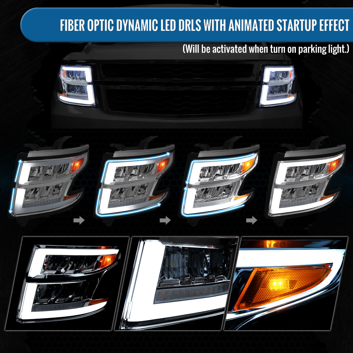 Ronnin - Fits 2015-2020 Chevy Tahoe Suburban Full LED DRL Headlights Switchback Sequential Turn Signal + Animated Startup Effect Assembly Pair | Chrome