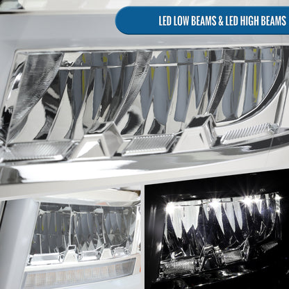 Ronnin - Fits 2015-2020 Chevy Tahoe Suburban Full LED DRL Headlights Switchback Sequential Turn Signal + Animated Startup Effect Assembly Pair | Chrome