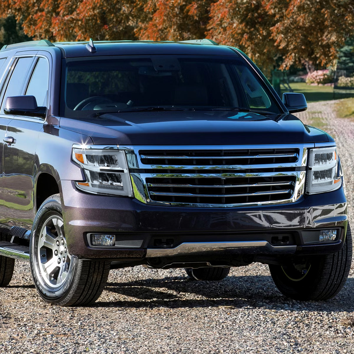 Ronnin - Fits 2015-2020 Chevy Tahoe Suburban Full LED DRL Headlights Switchback Sequential Turn Signal + Animated Startup Effect Assembly Pair | Chrome