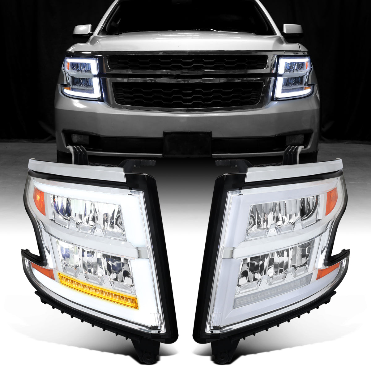 Ronnin - Fits 2015-2020 Chevy Tahoe Suburban Full LED DRL Headlights Switchback Sequential Turn Signal + Animated Startup Effect Assembly Pair | Chrome