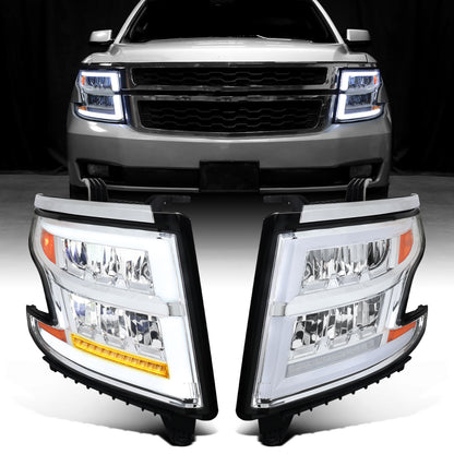 Ronnin - Fits 2015-2020 Chevy Tahoe Suburban Full LED DRL Headlights Switchback Sequential Turn Signal + Animated Startup Effect Assembly Pair | Chrome