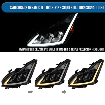 Ronnin - Fits 2008-2013 Infiniti G37 2014-2015 Q60 Coupe LED High Beam + Low Beam Projector Headlights Switchback Sequential Signals DRL + Animated Startup Effect Assembly Pair  | Black