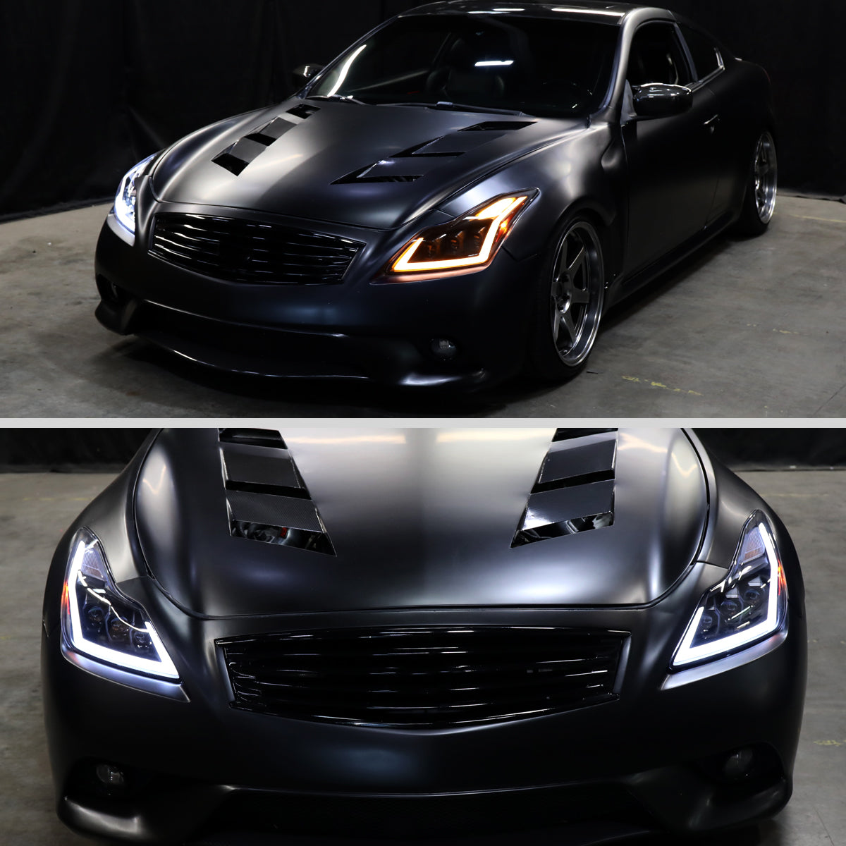 Ronnin - Fits 2008-2013 Infiniti G37 2014-2015 Q60 Coupe LED High Beam + Low Beam Projector Headlights Switchback Sequential Signals DRL + Animated Startup Effect Assembly Pair  | Black