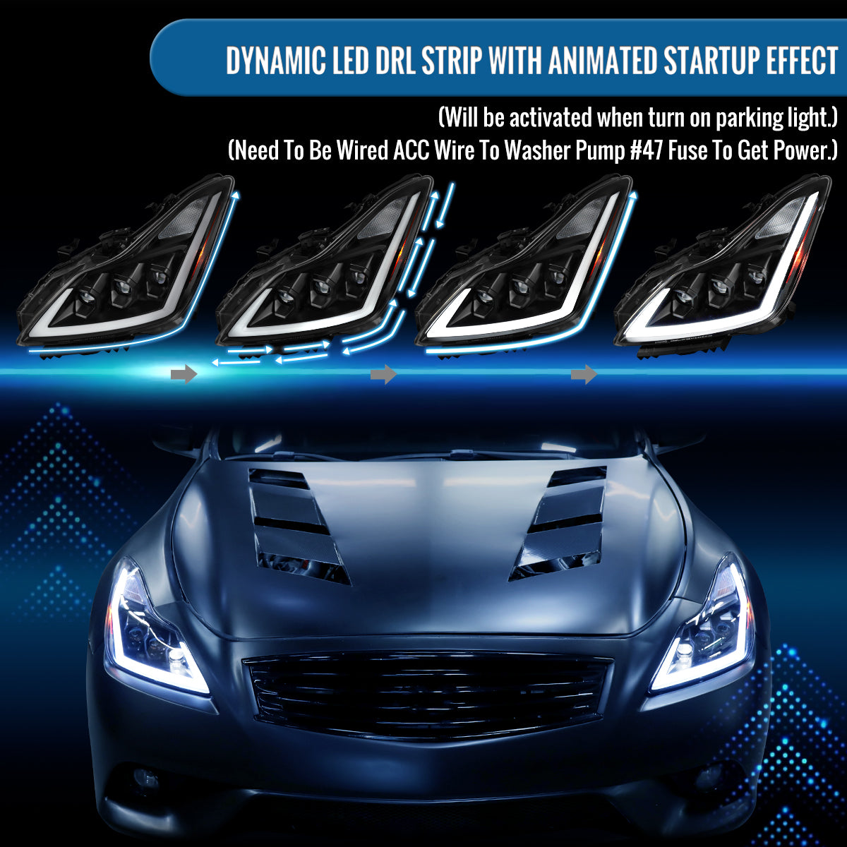 Ronnin - Fits 2008-2013 Infiniti G37 2014-2015 Q60 Coupe LED High Beam + Low Beam Projector Headlights Switchback Sequential Signals DRL + Animated Startup Effect Assembly Pair  | Black