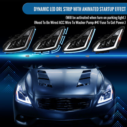 Ronnin - Fits 2008-2013 Infiniti G37 2014-2015 Q60 Coupe LED High Beam + Low Beam Projector Headlights Switchback Sequential Signals DRL + Animated Startup Effect Assembly Pair  | Black