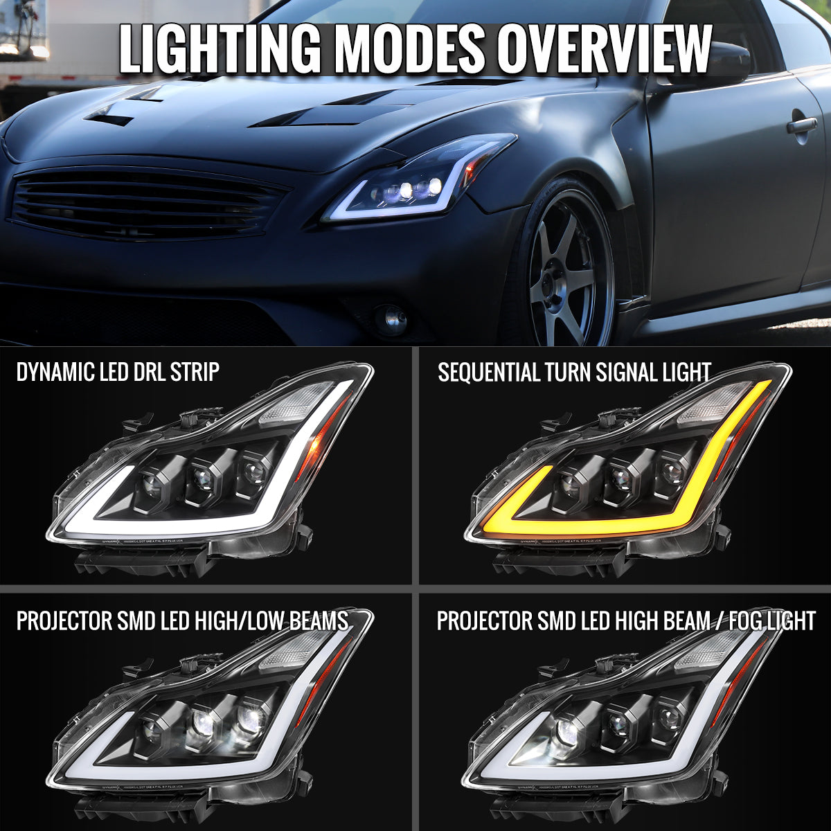 Ronnin - Fits 2008-2013 Infiniti G37 2014-2015 Q60 Coupe LED High Beam + Low Beam Projector Headlights Switchback Sequential Signals DRL + Animated Startup Effect Assembly Pair  | Black