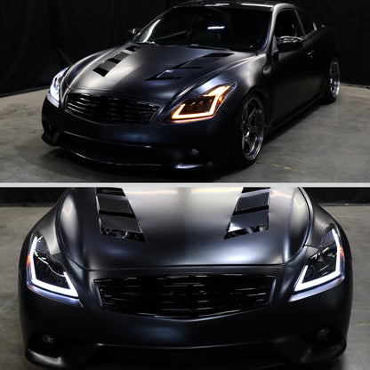 Ronnin - Fits 2008-2013 Infiniti G37 2014-2015 Q60 Coupe LED High Beam + Low Beam Projector Headlights Switchback Sequential Signals DRL + Animated Startup Effect Assembly Pair  | Black Smoke