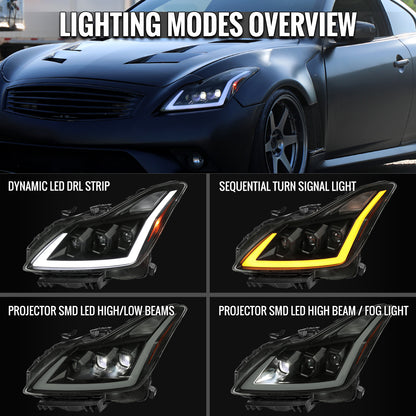 Ronnin - Fits 2008-2013 Infiniti G37 2014-2015 Q60 Coupe LED High Beam + Low Beam Projector Headlights Switchback Sequential Signals DRL + Animated Startup Effect Assembly Pair  | Black Smoke