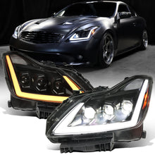 Ronnin - Fits 2008-2013 Infiniti G37 2014-2015 Q60 Coupe LED High Beam + Low Beam Projector Headlights Switchback Sequential Signals DRL + Animated Startup Effect Assembly Pair  | Black Smoke