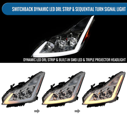 Ronnin - Fits 2008-2013 Infiniti G37 2014-2015 Q60 Coupe LED High Beam + Low Beam Projector Headlights Switchback Sequential Signals DRL + Animated Startup Effect Assembly Pair | Chrome