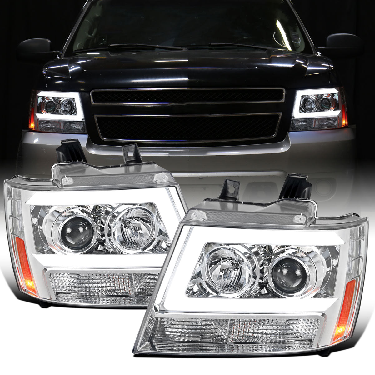 Ronnin - Fits 2007-2014 Chevy Avalanche Suburban Tahoe LED Tube Projector Headlights DRL Assembly Pair | Chrome
