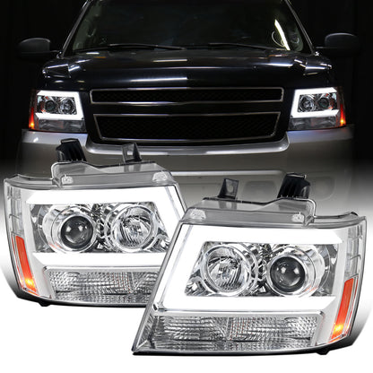 Ronnin - Fits 2007-2014 Chevy Avalanche Suburban Tahoe LED Tube Projector Headlights DRL Assembly Pair | Chrome