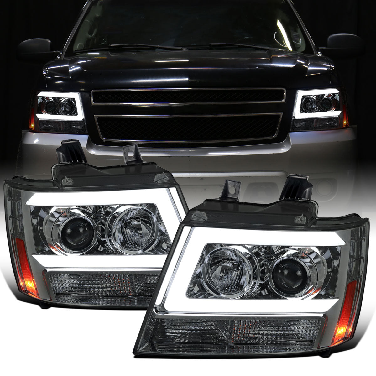 Ronnin - Fits 2007-2014 Chevy Avalanche Suburban Tahoe LED Tube Projector Headlights DRL Assembly Pair | Smoke