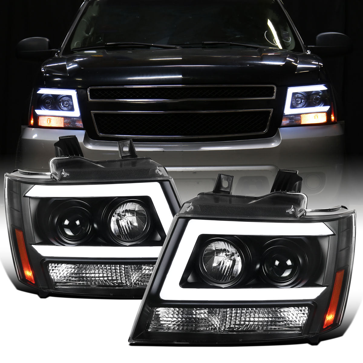 Ronnin - Fits 2007-2014 Chevy Avalanche Suburban Tahoe LED Tube Projector Headlights DRL Assembly Pair | Black