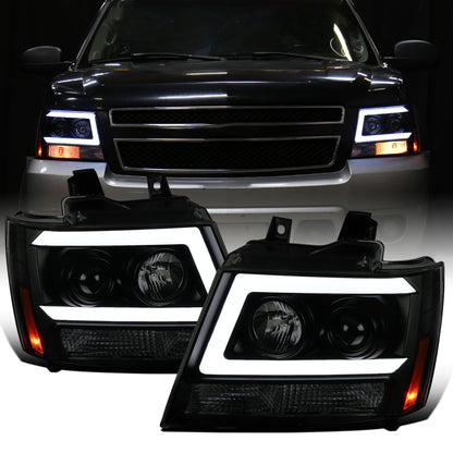 Ronnin - Fits 2007-2014 Chevy Avalanche Suburban Tahoe LED Tube Projector Headlights DRL Assembly Pair | Black Smoke