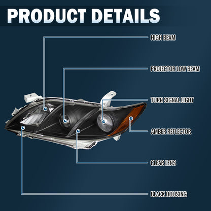 Ronnin - Faros delanteros tipo proyector de repuesto para Toyota Camry 2007-2009 | Negro (par)