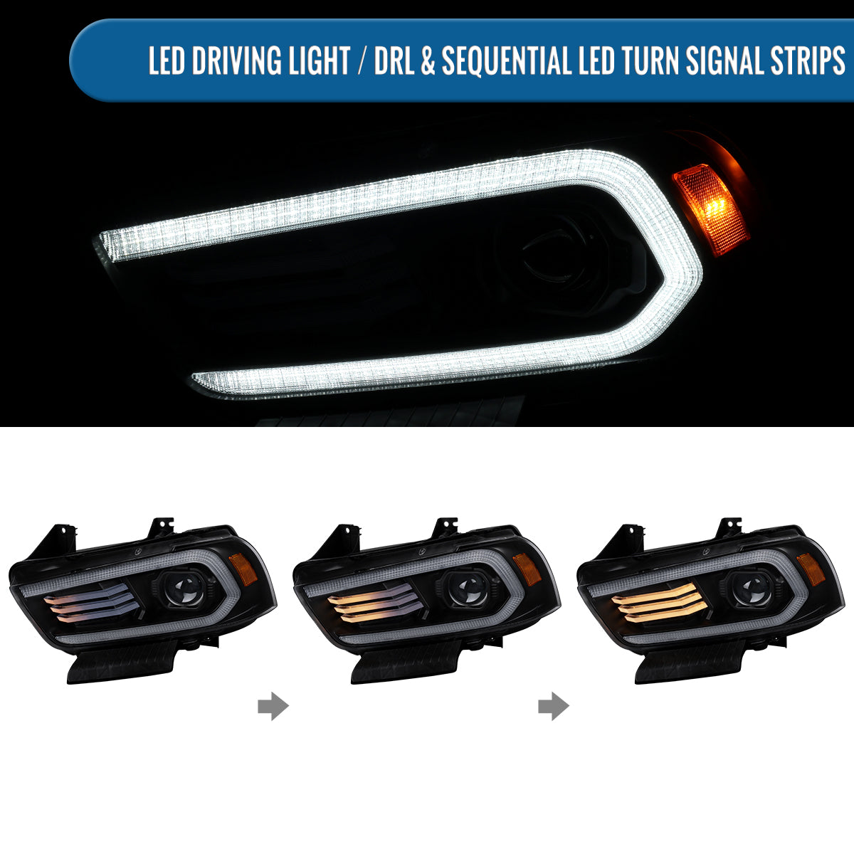 Ronnin - Se adapta a los faros delanteros de proyector HID xenón con señales de giro secuenciales LED DRL y efecto de inicio animado para Dodge Charger 2011-2014, par | Negro