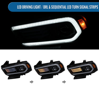 Ronnin - Se adapta a los faros delanteros de proyector HID xenón con señales de giro secuenciales LED DRL y efecto de inicio animado para Dodge Charger 2011-2014, par | Negro