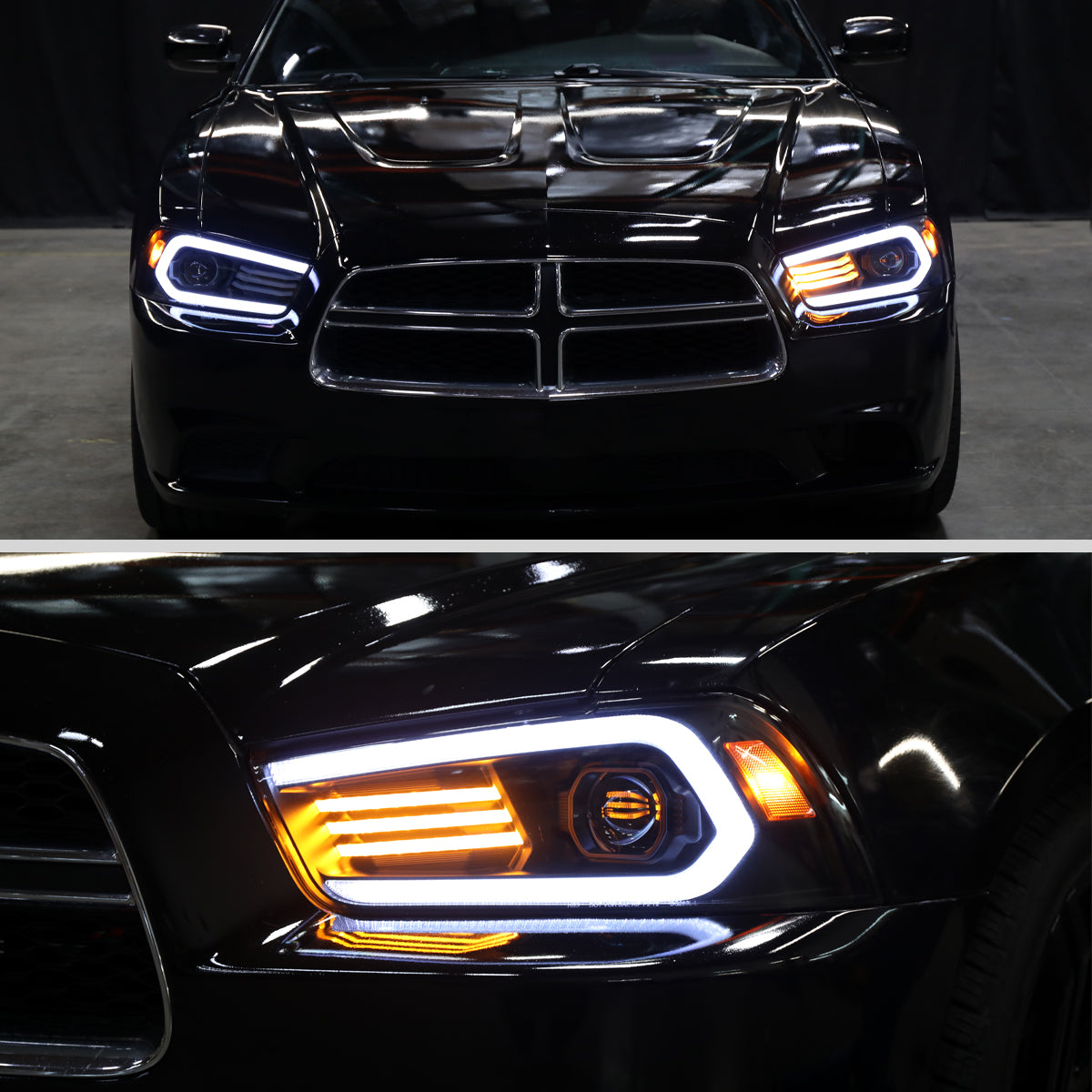 Ronnin - Se adapta a los faros delanteros de proyector HID xenón con señales de giro secuenciales LED DRL y efecto de inicio animado para Dodge Charger 2011-2014, par | Negro