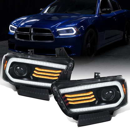 Ronnin - Se adapta a los faros delanteros de proyector HID xenón con señales de giro secuenciales LED DRL y efecto de inicio animado para Dodge Charger 2011-2014, par | Negro