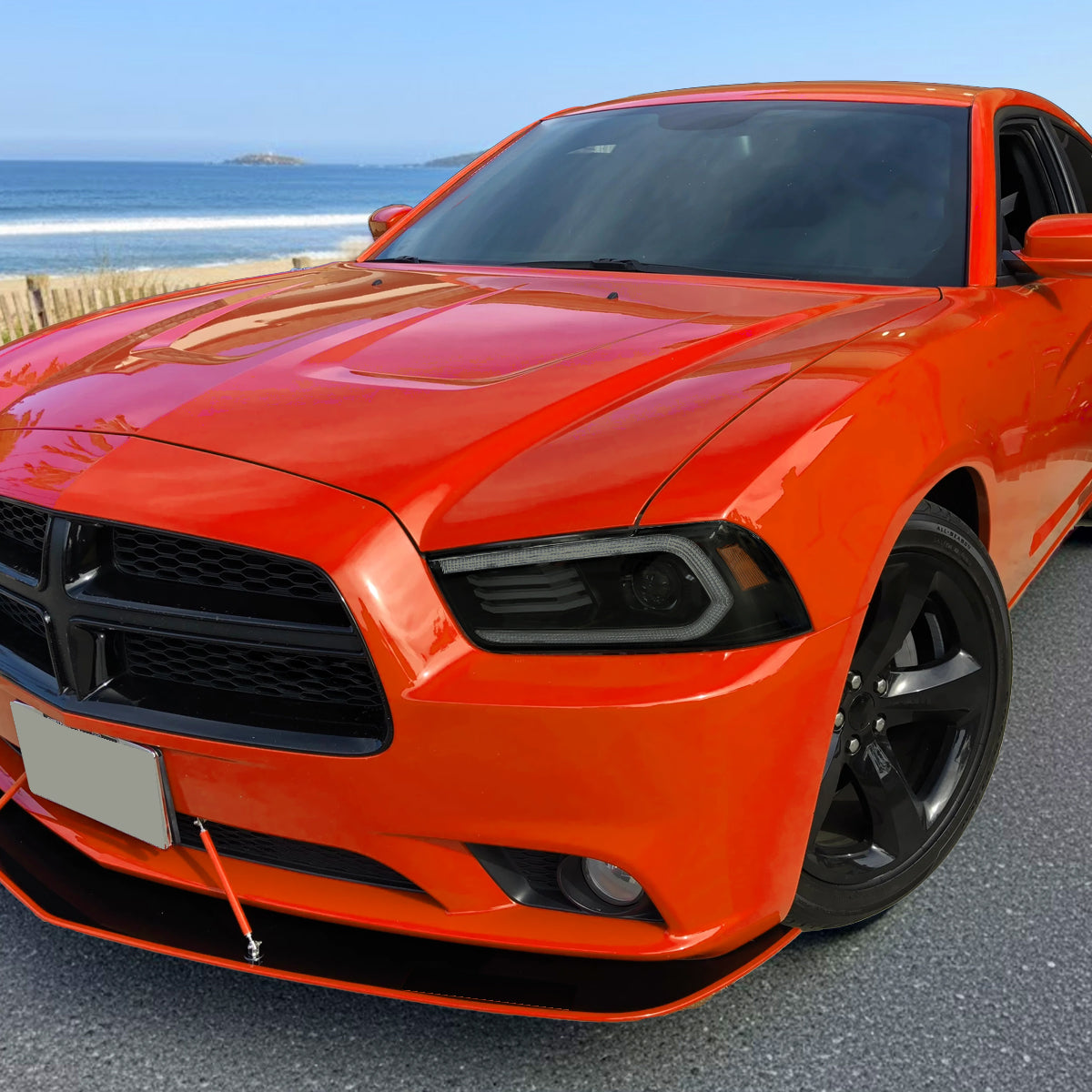 Ronnin - Se adapta a Dodge Charger 2011-2014 Luces LED DRL de intermitencia secuencial + Conjunto de faros delanteros con proyector de xenón HID con efecto de inicio animado, par | Negro ahumado