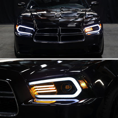 Ronnin - Se adapta a Dodge Charger 2011-2014 Luces LED DRL de intermitencia secuencial + Conjunto de faros delanteros con proyector de xenón HID con efecto de inicio animado, par | Negro ahumado