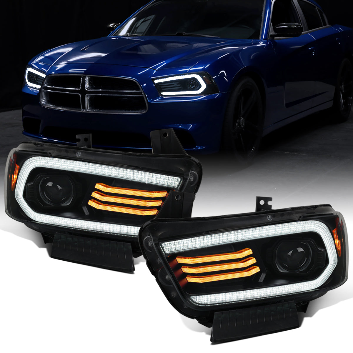 Ronnin - Se adapta a Dodge Charger 2011-2014 Luces LED DRL de intermitencia secuencial + Conjunto de faros delanteros con proyector de xenón HID con efecto de inicio animado, par | Negro ahumado