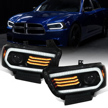 Ronnin - Se adapta a Dodge Charger 2011-2014 Luces LED DRL de intermitencia secuencial + Conjunto de faros delanteros con proyector de xenón HID con efecto de inicio animado, par | Negro ahumado