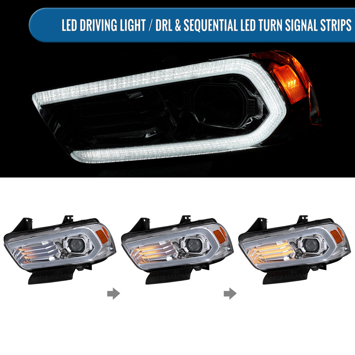 Ronnin - Faros delanteros con proyector de xenón HID con intermitentes secuenciales LED DRL con efecto de inicio animado para Dodge Charger 2011-2014, par | Cromo