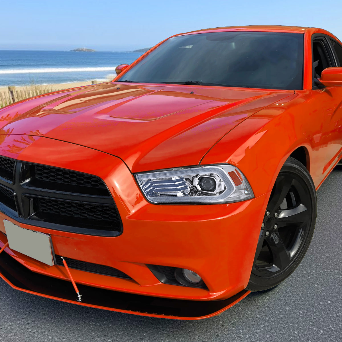 Ronnin - Faros delanteros con proyector de xenón HID con intermitentes secuenciales LED DRL con efecto de inicio animado para Dodge Charger 2011-2014, par | Cromo