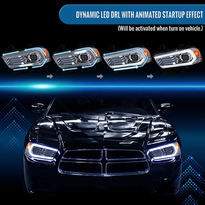 Ronnin - Faros delanteros con proyector de xenón HID con intermitentes secuenciales LED DRL con efecto de inicio animado para Dodge Charger 2011-2014, par | Cromo