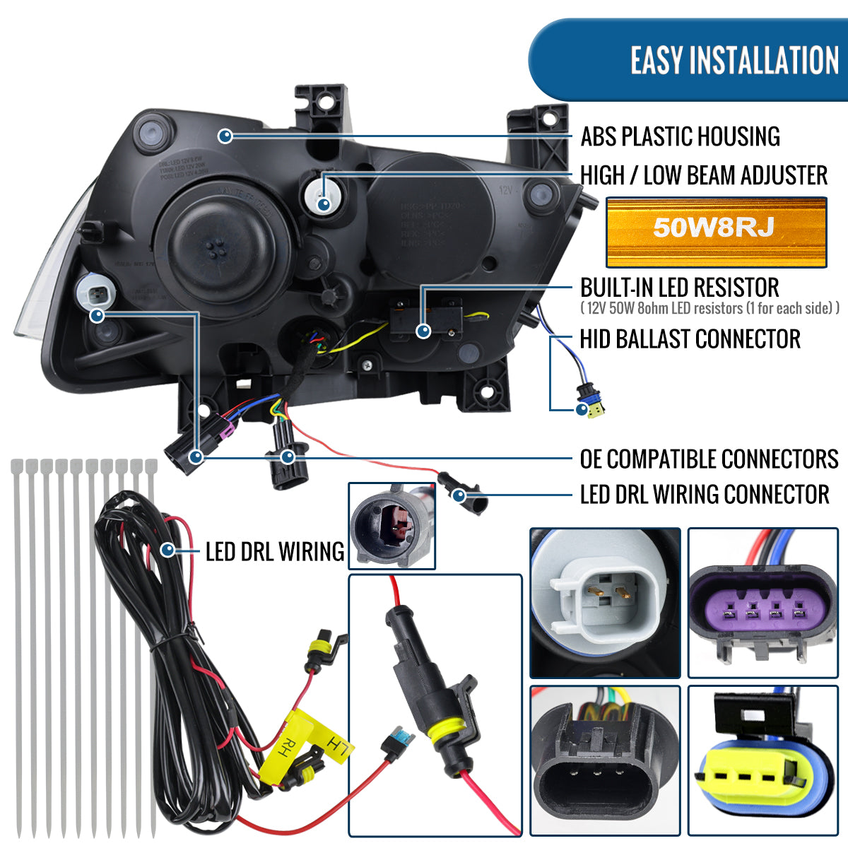 Ronnin - Faros delanteros con proyector de xenón HID con intermitentes secuenciales LED DRL con efecto de inicio animado para Dodge Charger 2011-2014, par | Cromo