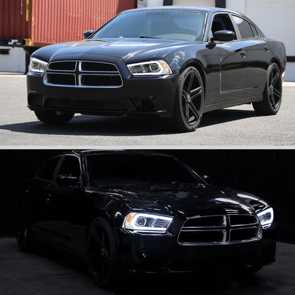 Ronnin - Faros delanteros con proyector de xenón HID con intermitentes secuenciales LED DRL con efecto de inicio animado para Dodge Charger 2011-2014, par | Cromo