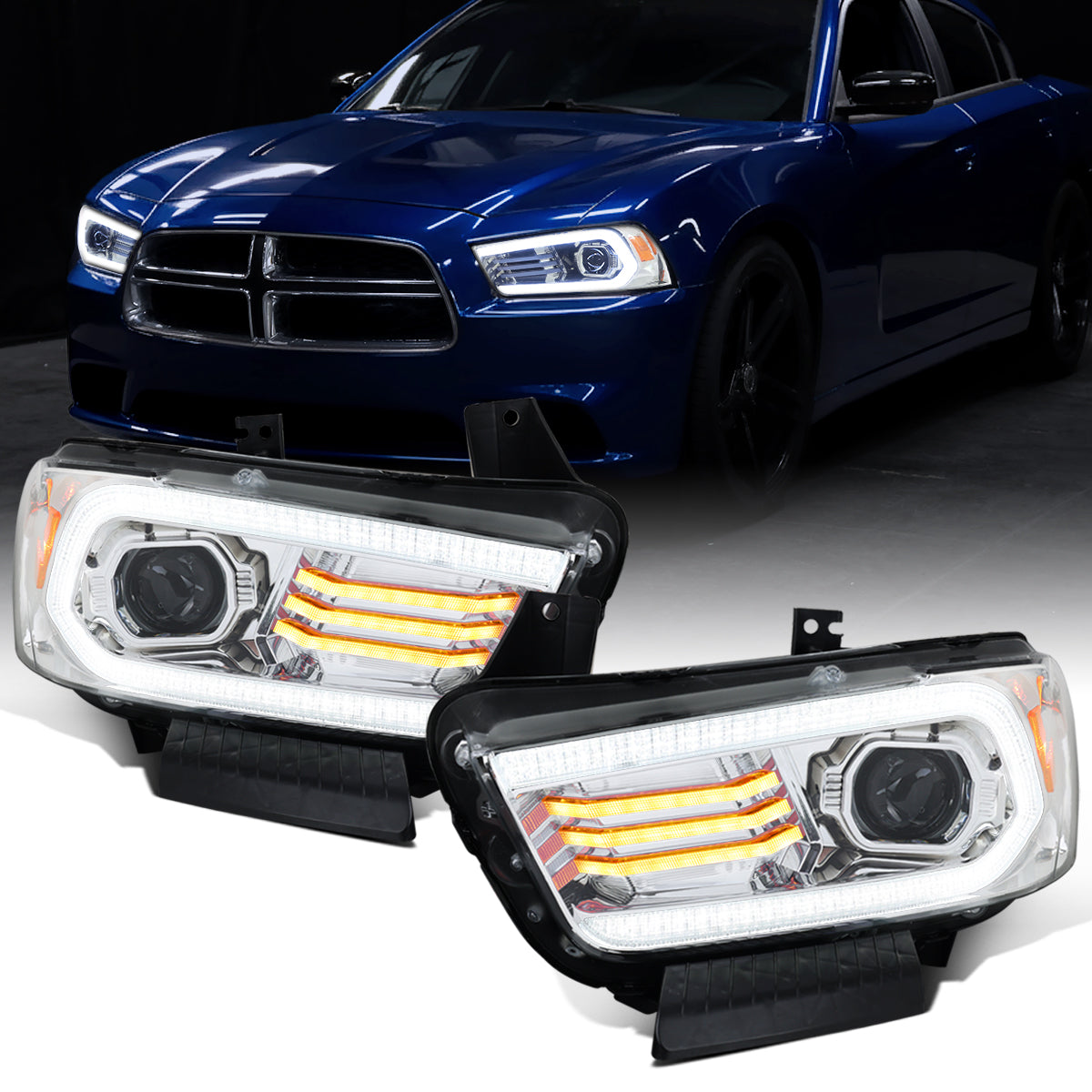 Ronnin - Faros delanteros con proyector de xenón HID con intermitentes secuenciales LED DRL con efecto de inicio animado para Dodge Charger 2011-2014, par | Cromo
