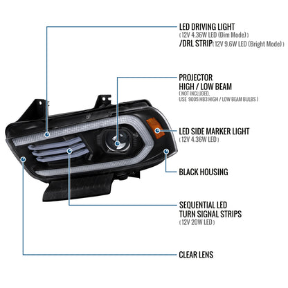 Ronnin - Se adapta a Dodge Charger 2011-2014, intermitentes secuenciales LED DRL con función de cambio de color + efecto de inicio animado, conjunto de faros delanteros halógenos con proyector, par | Negro